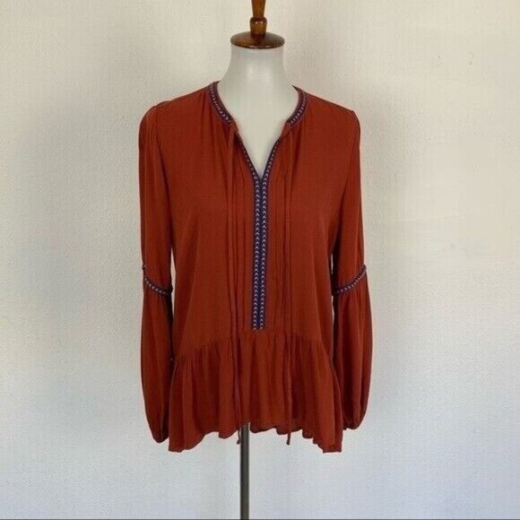 Ro And De Rust Orange Peasant Blouse Boho Embroidered Long Sleeve Top Small - Picture 8 of 8